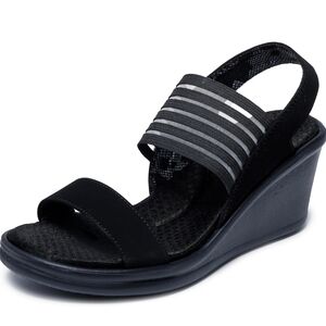 New Skechers Black Wedge Sandals with Comfort Footbed